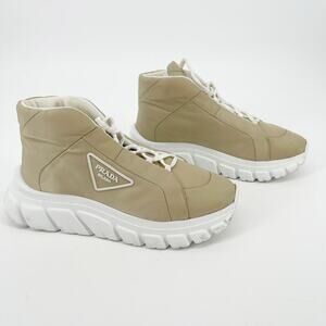 Prada Desert Beige Rush Padded Nylon Gabardine Logo Chunky Sneakers IT 38.5